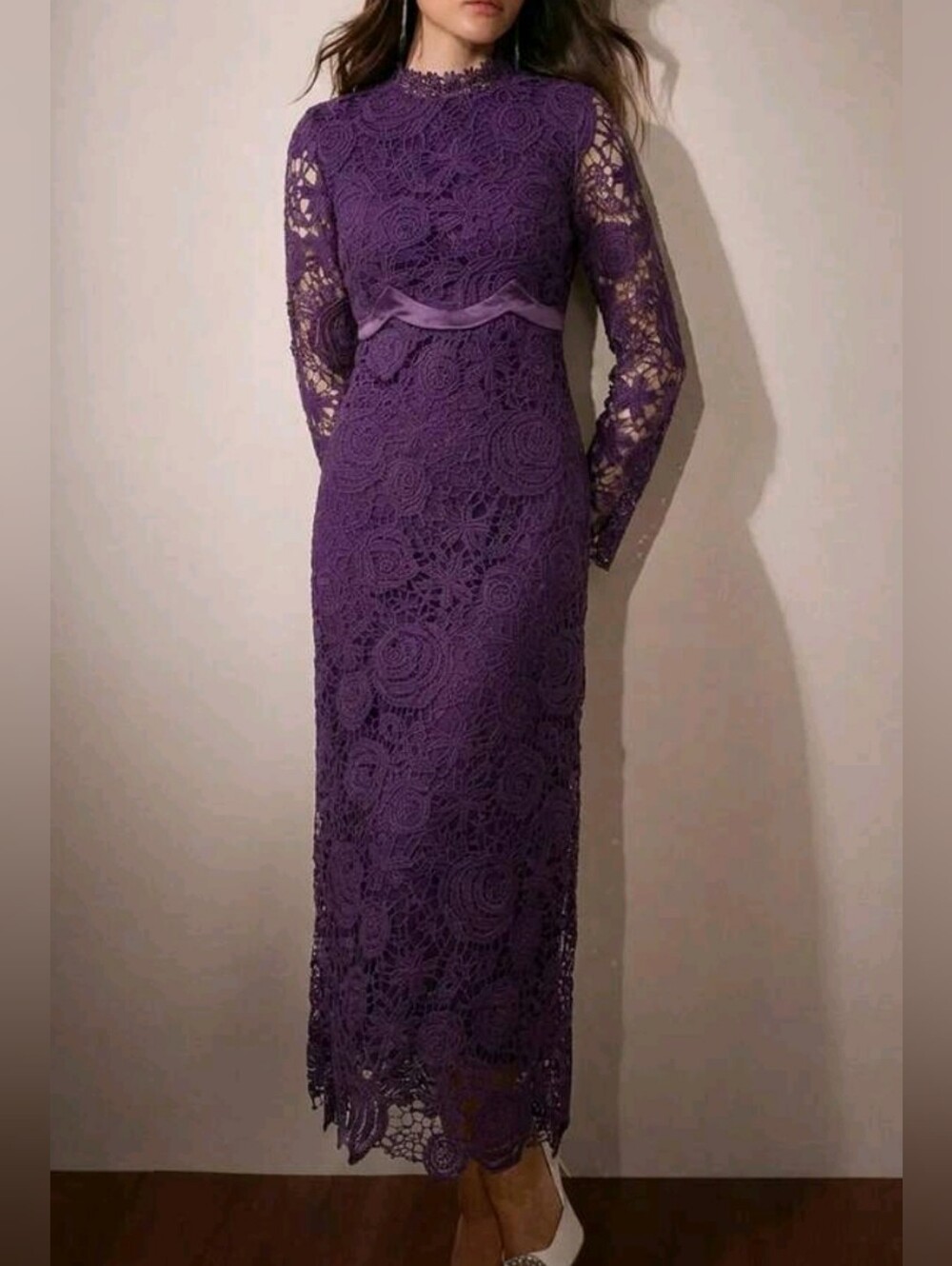 New Embroidered Lace Midi Dress Mock Neck Scalloped Floral Purple